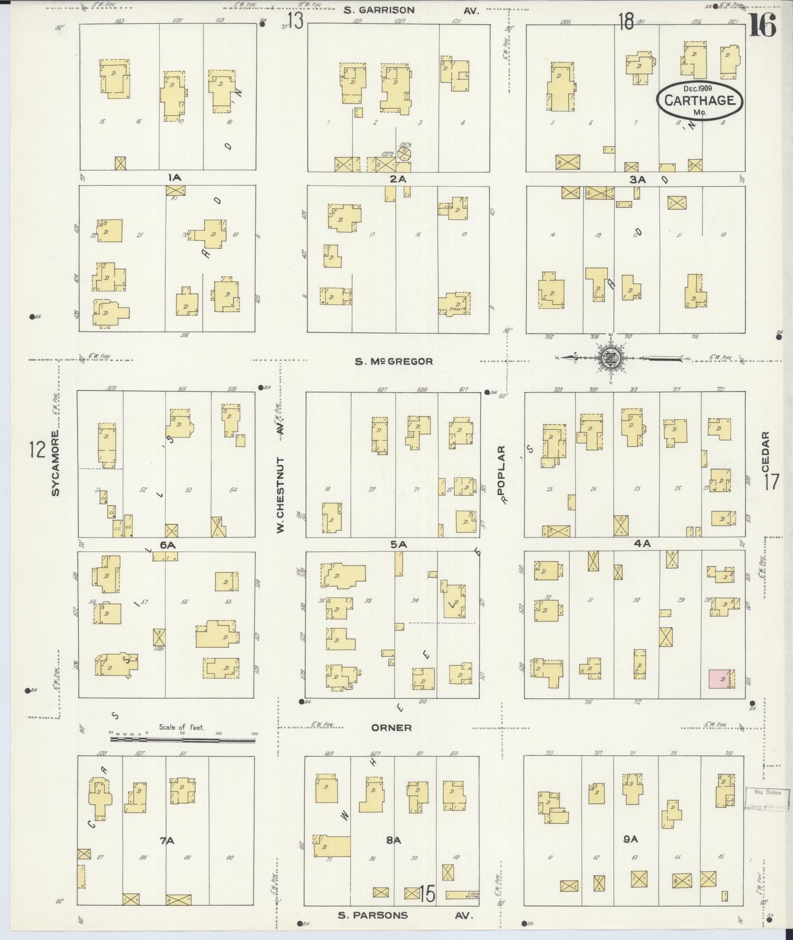 Sanborn Fire Insurance Map from Carthage, Jasper County, Missouri (1909), Sheet #0016 - Historic Sanborn Fire Insurance Map Print, vintage old map wall art, antique decor, genealogy gift, Missouri Missouri map