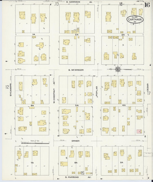 Sanborn Fire Insurance Map from Carthage, Jasper County, Missouri (1909), Sheet #0016 - Historic Sanborn Fire Insurance Map Print, vintage old map wall art, antique decor, genealogy gift, Missouri Missouri map