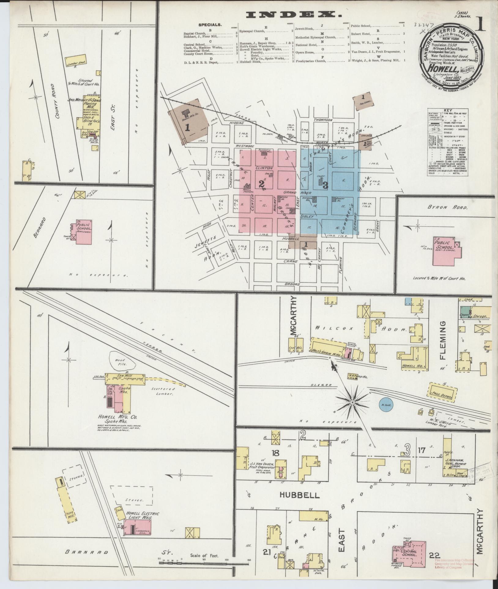 Sanborn Fire Insurance Map from Howell, Livingston County, Michigan (1892), Sheet #0001 - Historic Sanborn Fire Insurance Map Print, vintage old map wall art, antique decor, genealogy gift, Michigan Michigan map