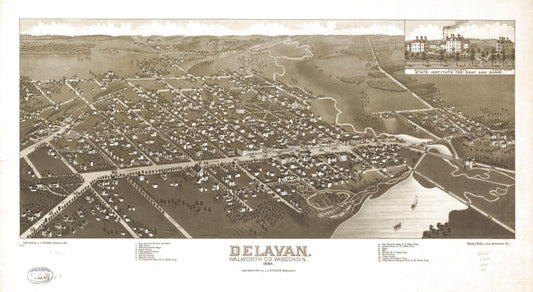 Delavan, Walworth Co., Wisconsin 1884. (1884) – Historic Bird’s-Eye View Panorama Print