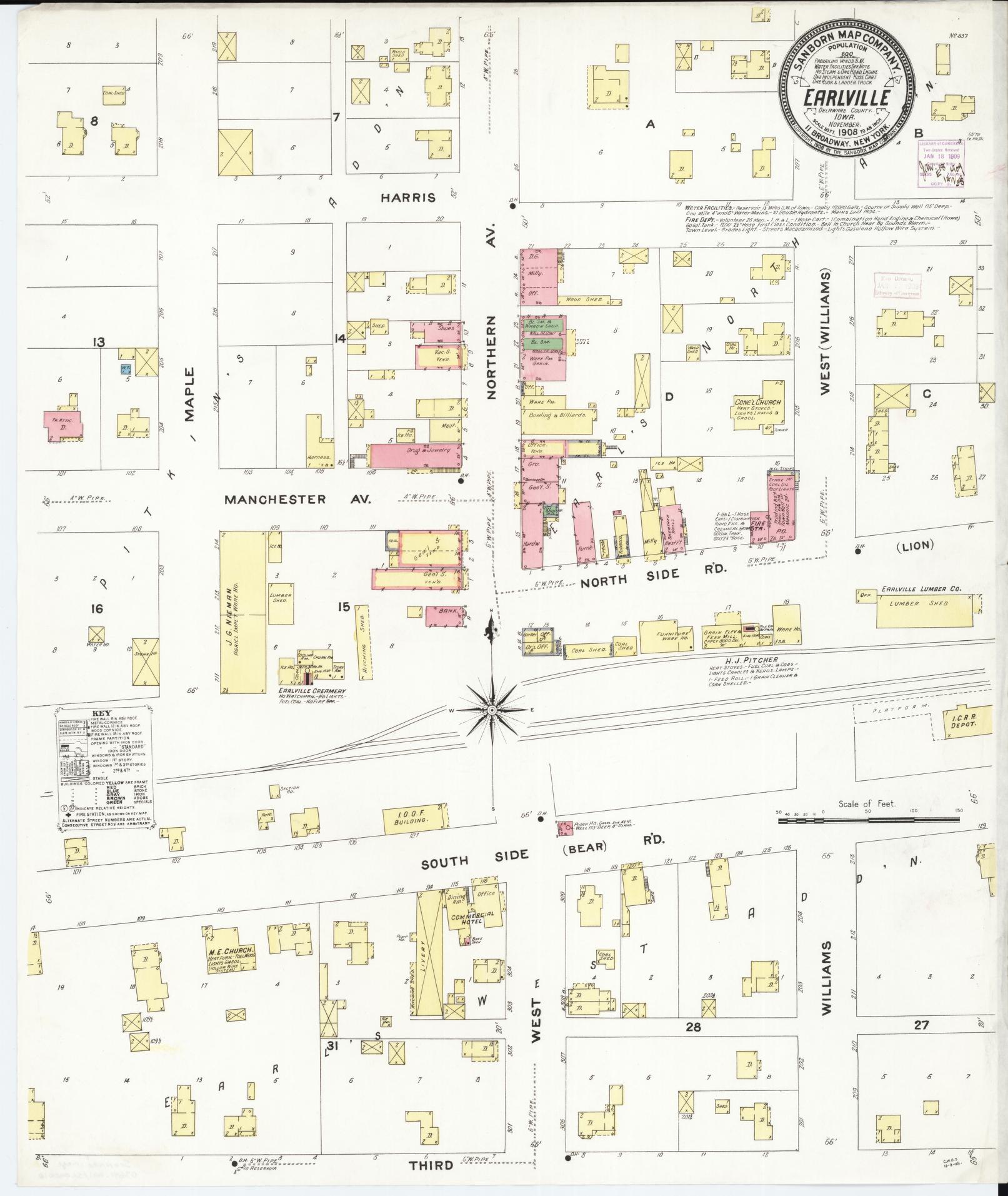 Sanborn Fire Insurance Map from Earlville, Delaware County, Iowa (1908), Sheet #0001 - Historic Sanborn Fire Insurance Map Print, vintage old map wall art