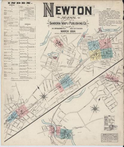 Sanborn Fire Insurance Map from Newton, Middlesex County, Massachusetts (1884), Sheet #0001 - Historic Sanborn Fire Insurance Map Print, vintage old map wall art, antique decor, genealogy gift, Massachusetts Massachusetts map