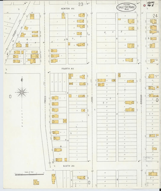 Sanborn Fire Insurance Map from Sault Sainte Marie, Chippewa County, Michigan (1906), Sheet #0027 - Historic Sanborn Fire Insurance Map Print, vintage old map wall art, antique decor, genealogy gift, Michigan Michigan map