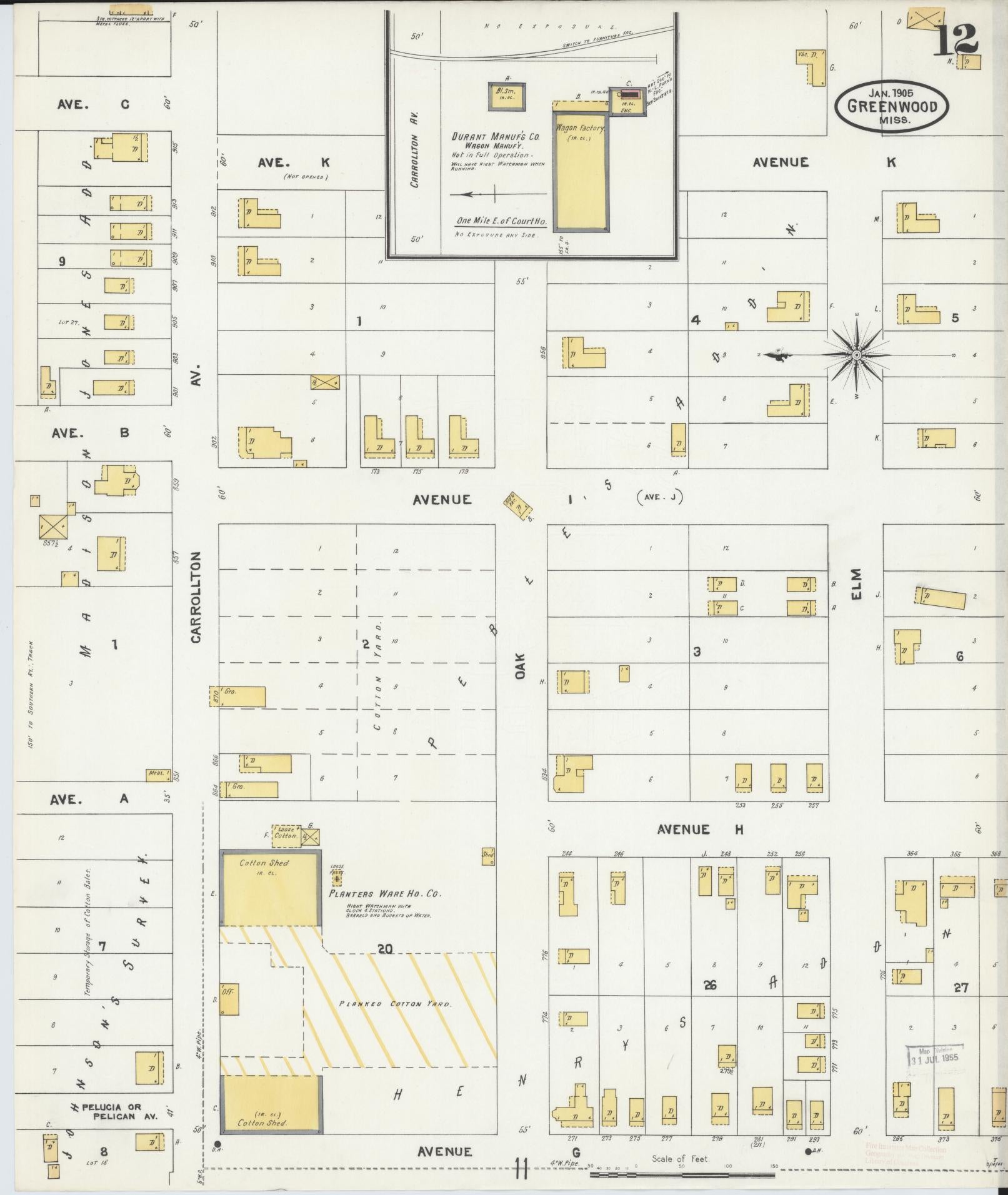 Sanborn Fire Insurance Map from Greenwood, Leflore County, Mississippi (1905), Sheet #0012 - Complete Map Set gallery image, historic Sanborn map, vintage wall art, Mississippi Mississippi