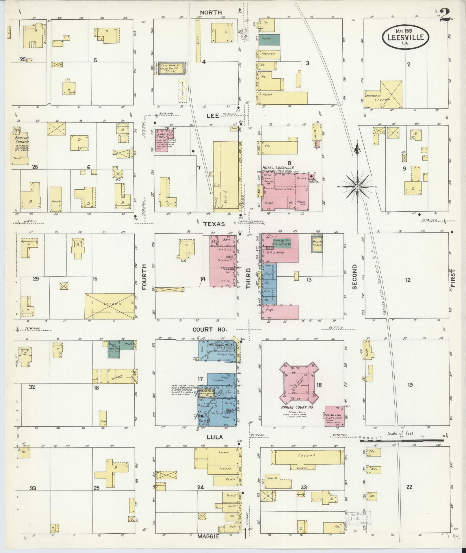 Sanborn Fire Insurance Map from Leesville, Vernon Parish, Louisiana (1909), Sheet #0002 - Historic Sanborn Fire Insurance Map Print, vintage old map wall art, antique decor, genealogy gift, Louisiana Louisiana map