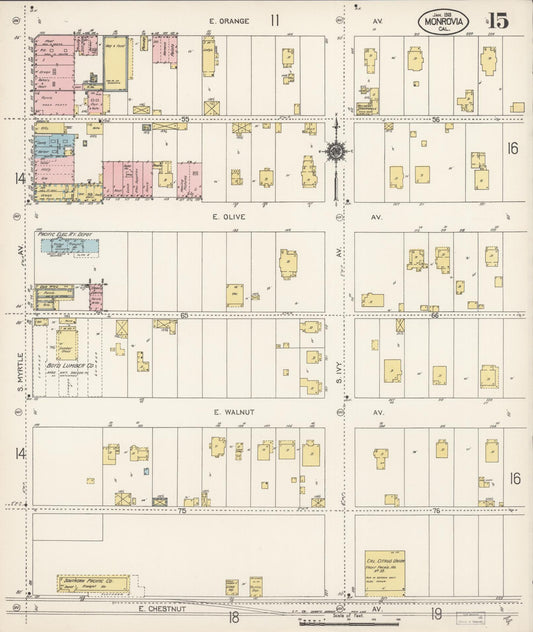 Sanborn Fire Insurance Map from Monrovia, Los Angeles County, California (1913), Sheet #0015 - Historic Sanborn Fire Insurance Map Print, vintage old map wall art, antique decor, genealogy gift, California California map