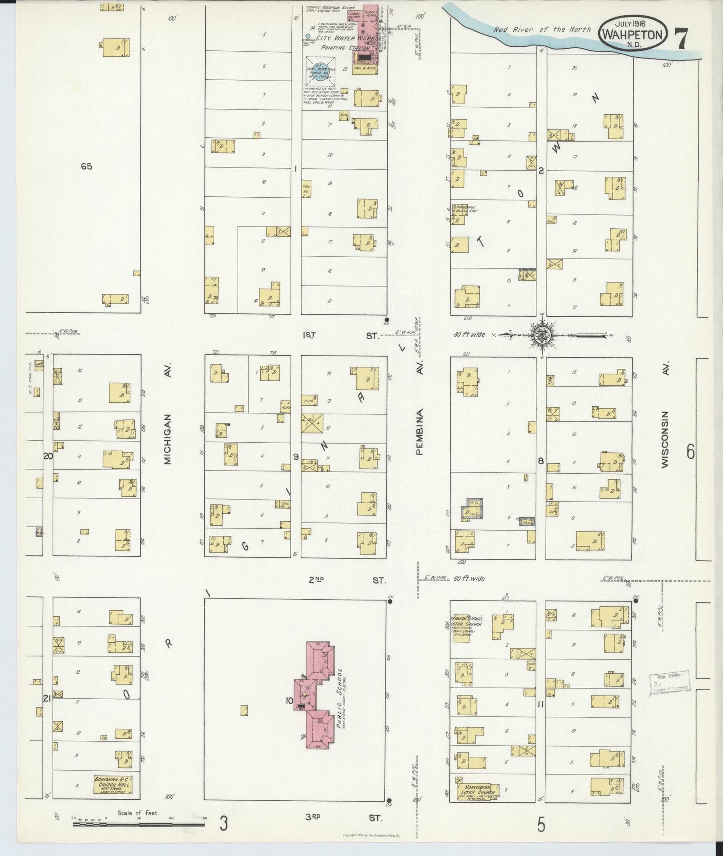 Sanborn Fire Insurance Map from Wahpeton, Richland County, North Dakota (1916), Sheet #0007 - Complete Map Set gallery image, historic Sanborn map, vintage wall art, North Dakota North Dakota