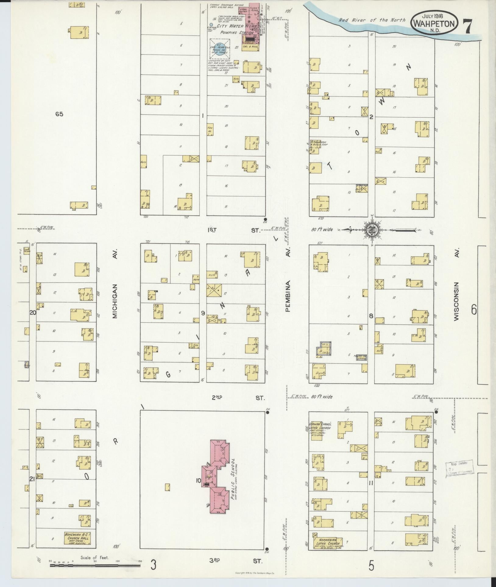 Sanborn Fire Insurance Map from Wahpeton, Richland County, North Dakota (1916), Sheet #0007 - Complete Map Set gallery image, historic Sanborn map, vintage wall art, North Dakota North Dakota
