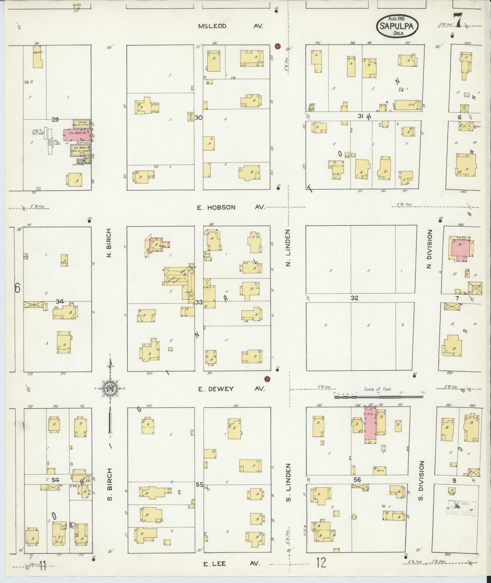 Sanborn Fire Insurance Map from Sapulpa, Creek County, Oklahoma (1915), Sheet #0007 - Complete Map Set gallery image, historic Sanborn map, vintage wall art, Oklahoma Oklahoma