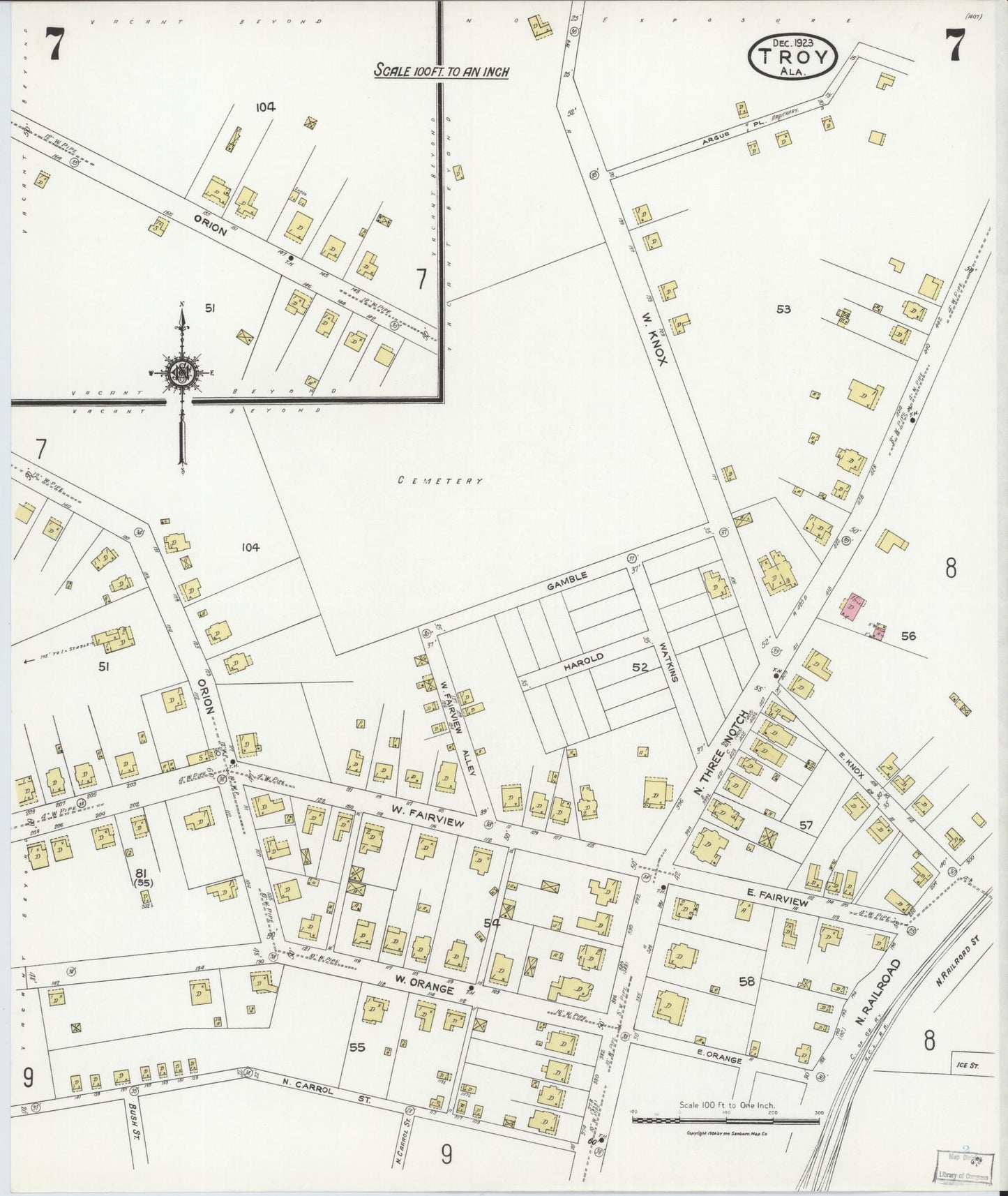 Sanborn Fire Insurance Map from Troy, Pike County, Alabama (1923), Sheet #0007 - Historic Sanborn Fire Insurance Map Print, vintage old map wall art, antique decor, genealogy gift, Alabama Alabama map