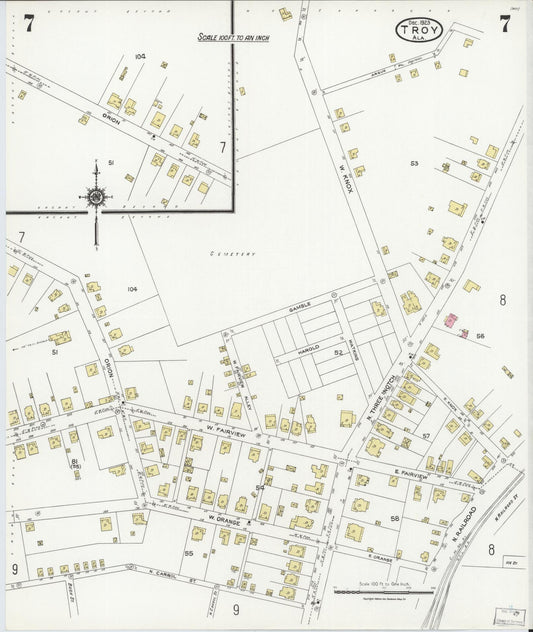Sanborn Fire Insurance Map from Troy, Pike County, Alabama (1923), Sheet #0007 - Historic Sanborn Fire Insurance Map Print, vintage old map wall art, antique decor, genealogy gift, Alabama Alabama map