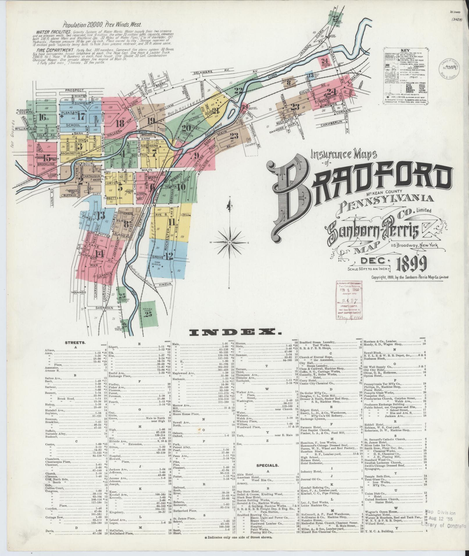 Sanborn Fire Insurance Map from Bradford, McKean County, Pennsylvania (1899), Sheet #0001 - Historic Sanborn Fire Insurance Map Print, vintage old map wall art, antique decor, genealogy gift, Pennsylvania Pennsylvania map