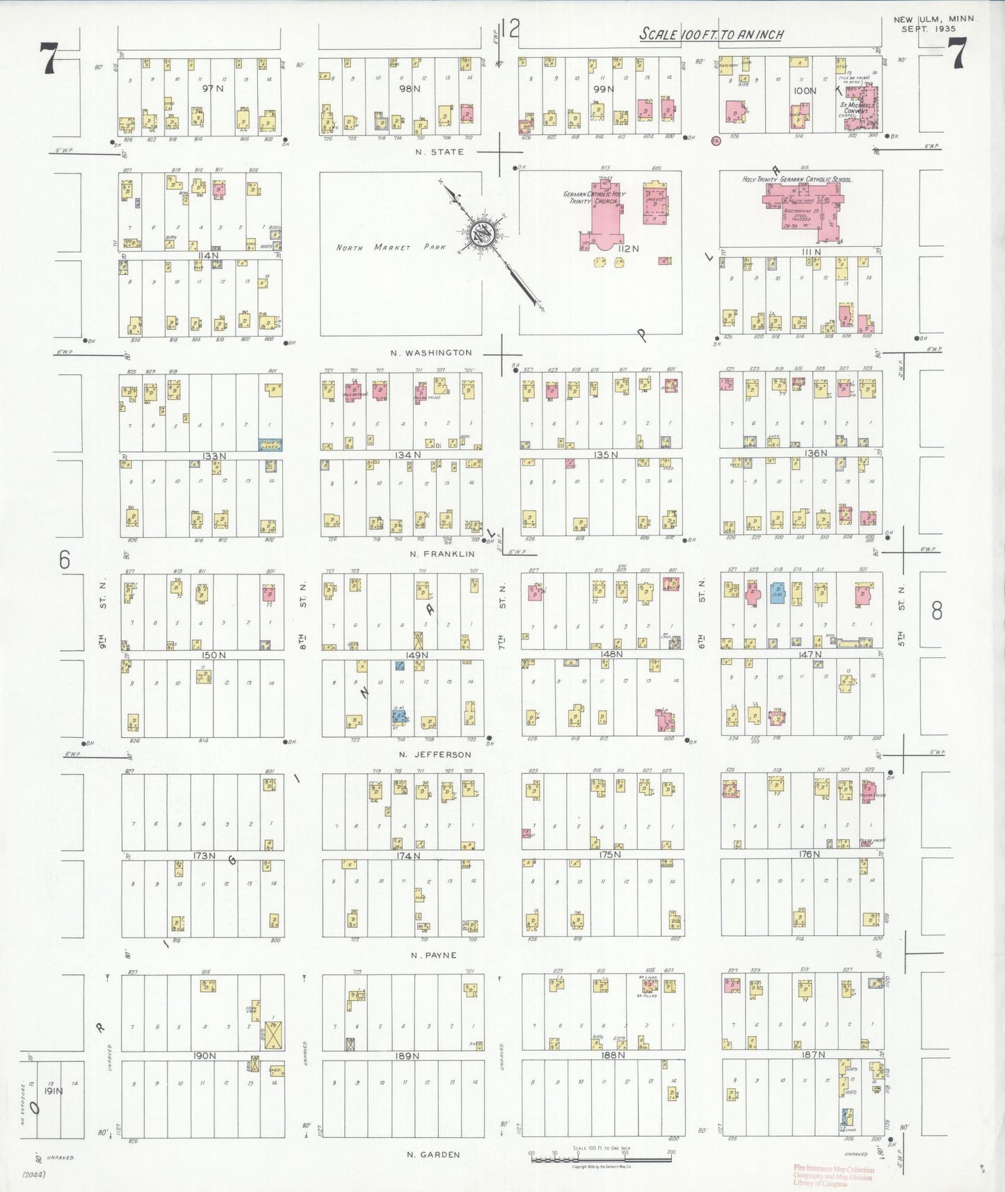 Sanborn Fire Insurance Map from New Ulm, Brown County, Minnesota (1935), Sheet #0007 - Historic Sanborn Fire Insurance Map Print, vintage old map wall art, antique decor, genealogy gift, Minnesota Minnesota map