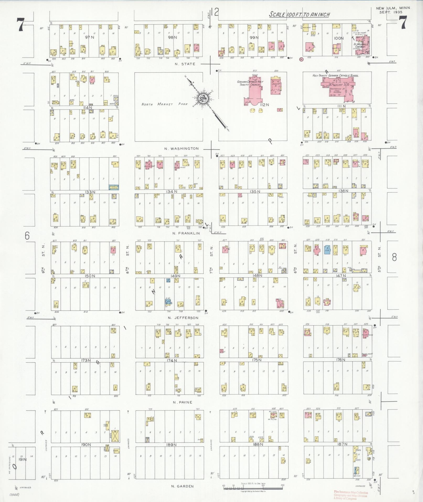 Sanborn Fire Insurance Map from New Ulm, Brown County, Minnesota (1935), Sheet #0007 - Historic Sanborn Fire Insurance Map Print, vintage old map wall art, antique decor, genealogy gift, Minnesota Minnesota map