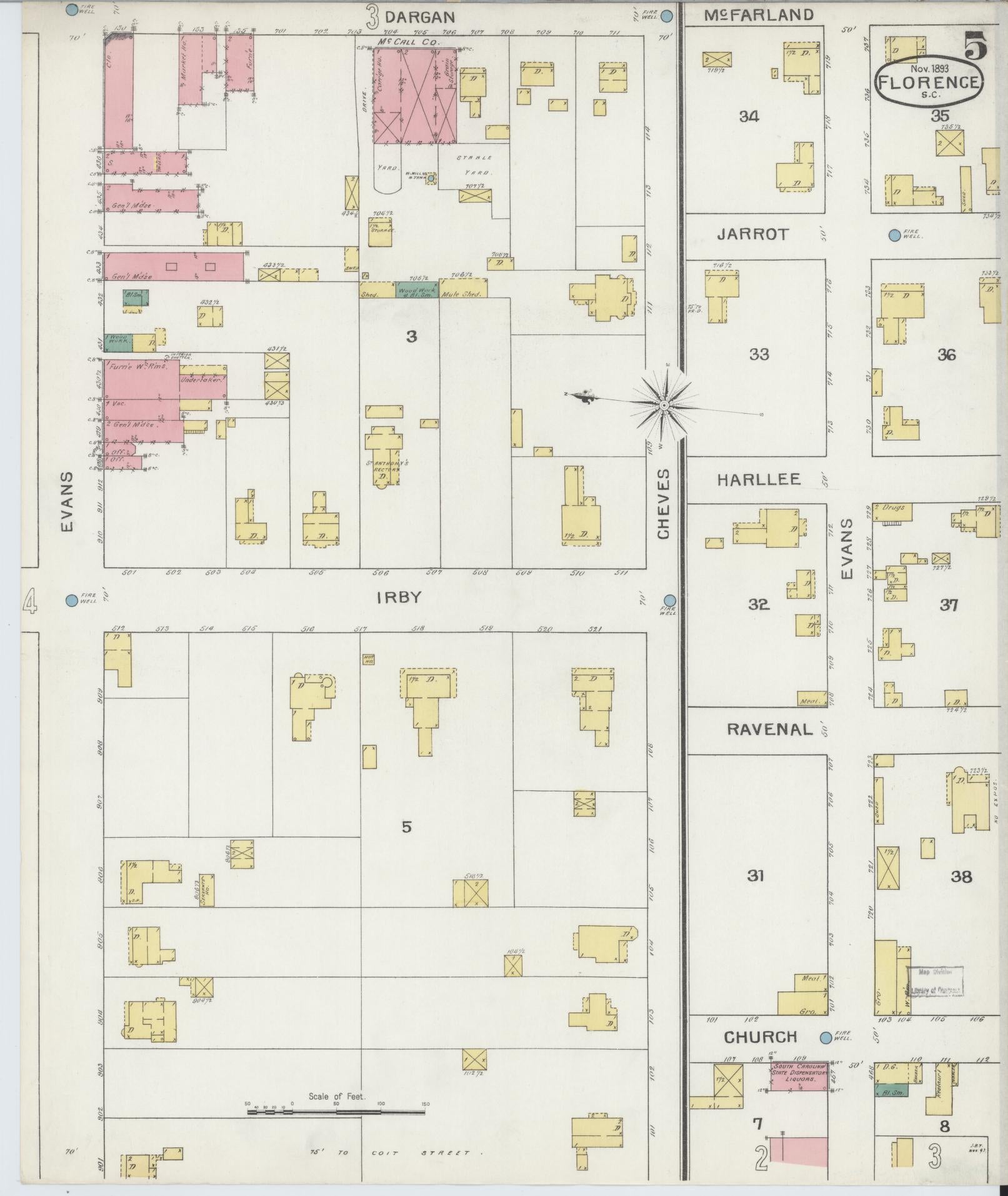 Sanborn Fire Insurance Map from Florence, Florence County, South Carolina (1893), Sheet #0005 - Complete Map Set gallery image, historic Sanborn map, vintage wall art, South Carolina South Carolina