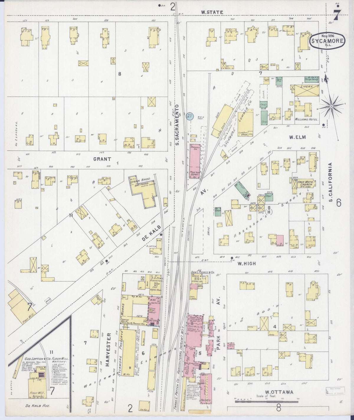 Sanborn Fire Insurance Map from Sycamore, De Kalb County, Illinois (1896), Sheet #0007 - Complete Map Set gallery image, historic Sanborn map, vintage wall art, Illinois Illinois