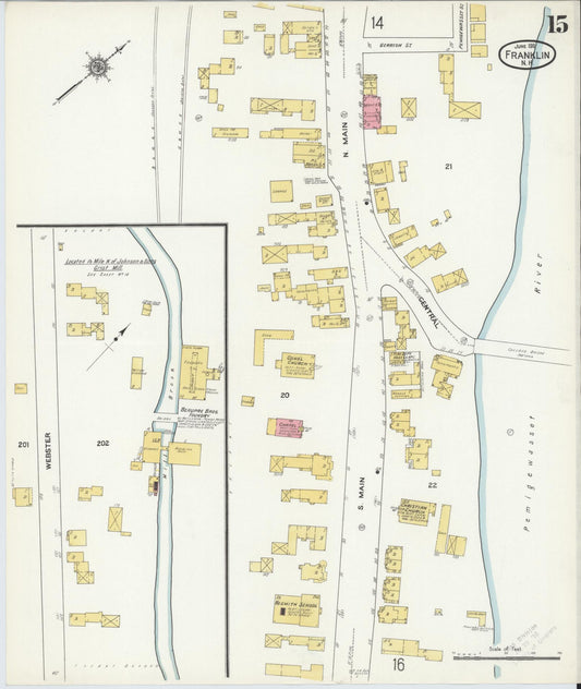 Sanborn Fire Insurance Map from Franklin, Merrimack County, New Hampshire (1911), Sheet #0015 - Historic Sanborn Fire Insurance Map Print, vintage old map wall art, antique decor, genealogy gift, New Hampshire New Hampshire map