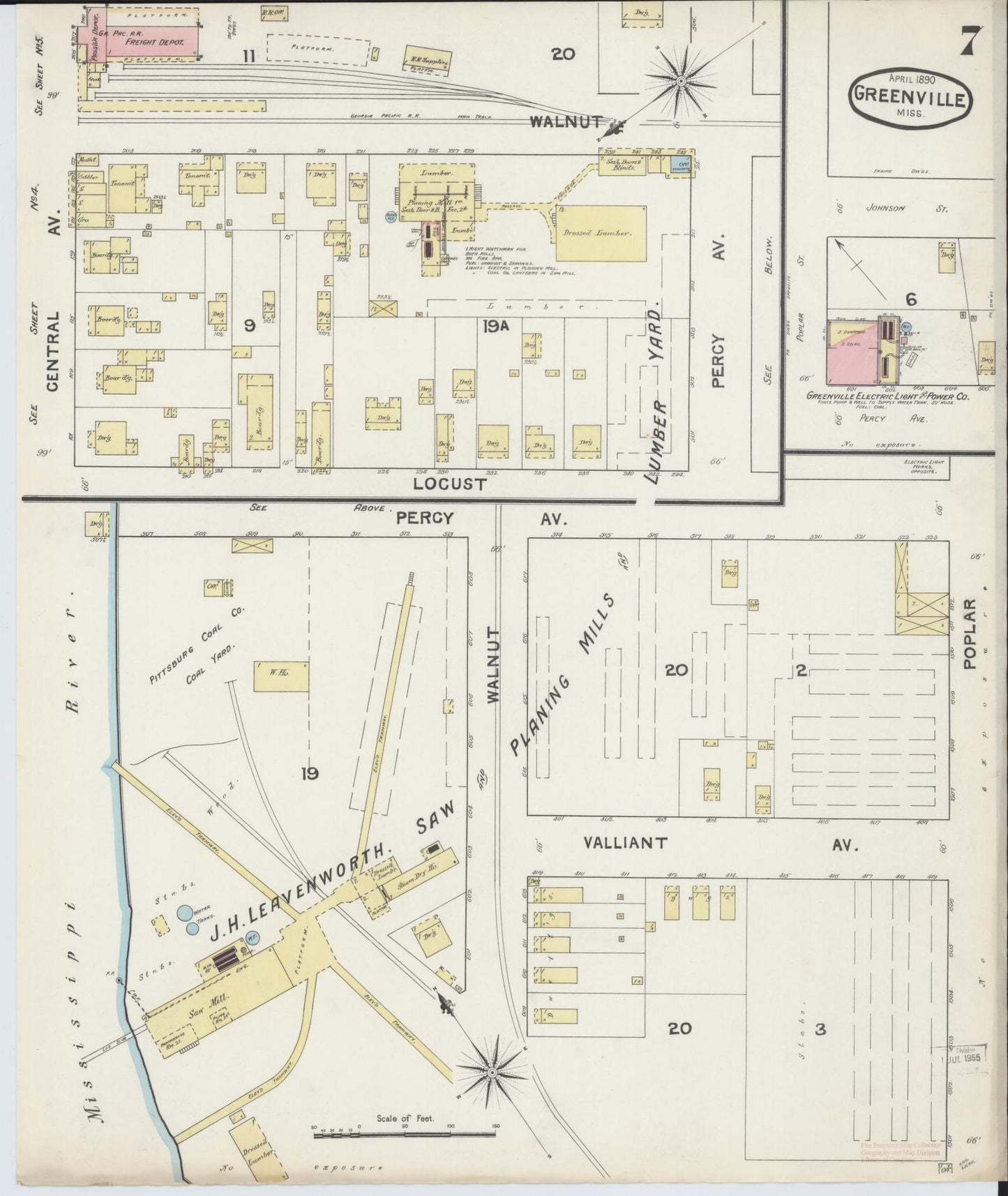 Sanborn Fire Insurance Map from Greenville, Washington County, Mississippi (1890), Sheet #0007 - Complete Map Set gallery image, historic Sanborn map, vintage wall art, Mississippi Mississippi