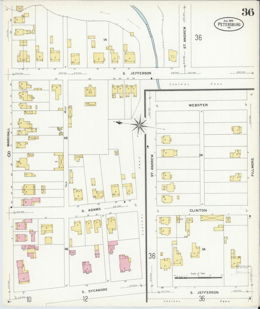 Sanborn Fire Insurance Map from Petersburg, Independent Cities, Virginia (1908), Sheet #0036 - Historic Sanborn Fire Insurance Map Print, vintage old map wall art, antique decor, genealogy gift, Virginia Virginia map