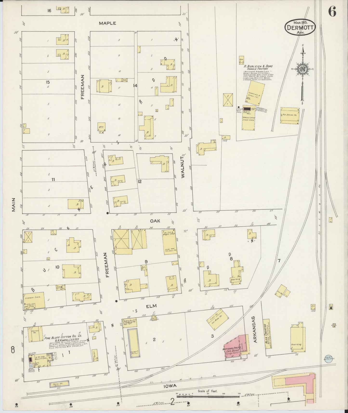 Sanborn Fire Insurance Map from Dermott, Chicot County, Arkansas (1915), Sheet #0006 - Historic Sanborn Fire Insurance Map Print, vintage old map wall art, antique decor, genealogy gift, Arkansas Arkansas map
