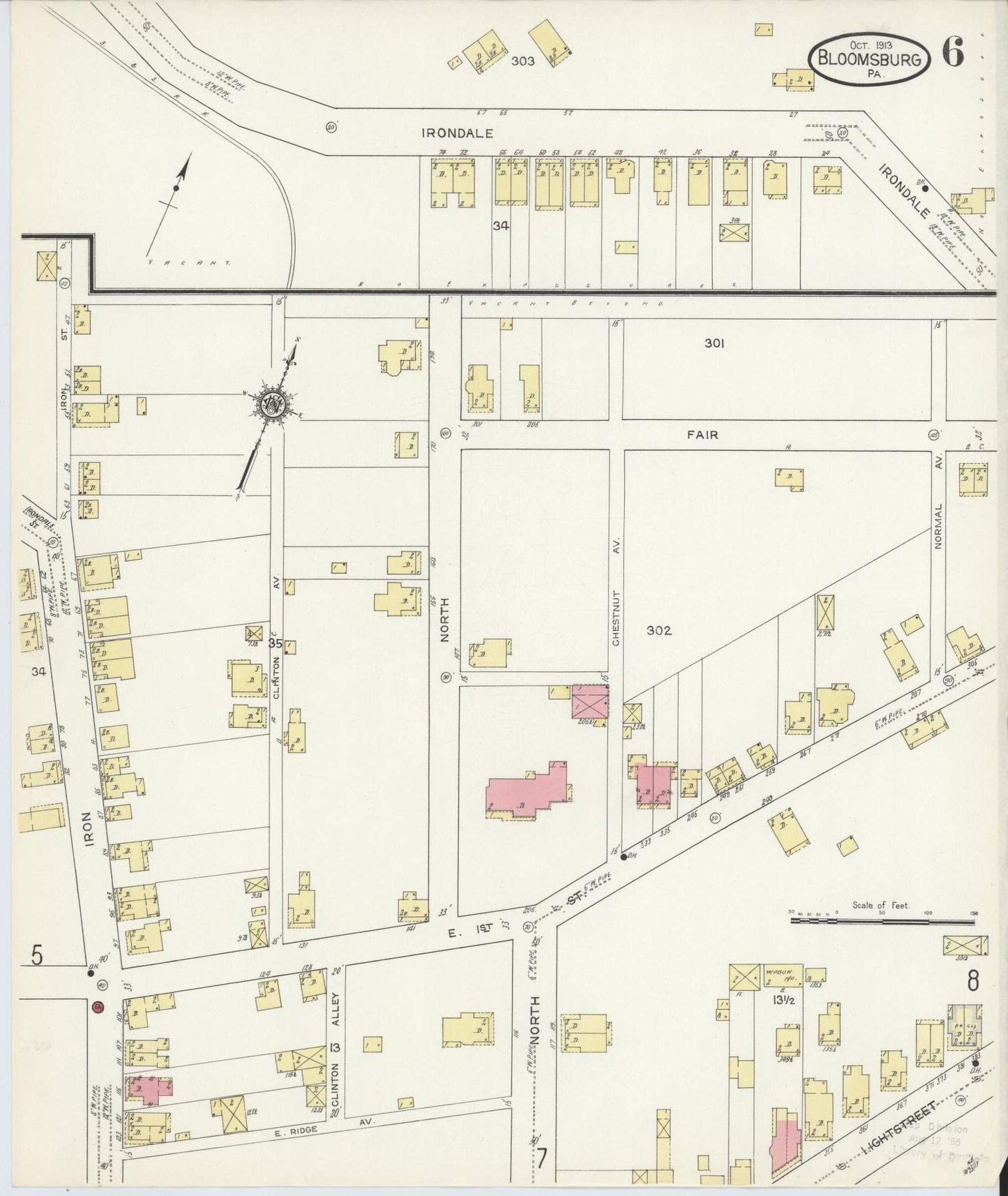 Sanborn Fire Insurance Map from Bloomsburg, Columbia County, Pennsylvania (1913), Sheet #0006 - Historic Sanborn Fire Insurance Map Print, vintage old map wall art, antique decor, genealogy gift, Pennsylvania Pennsylvania map