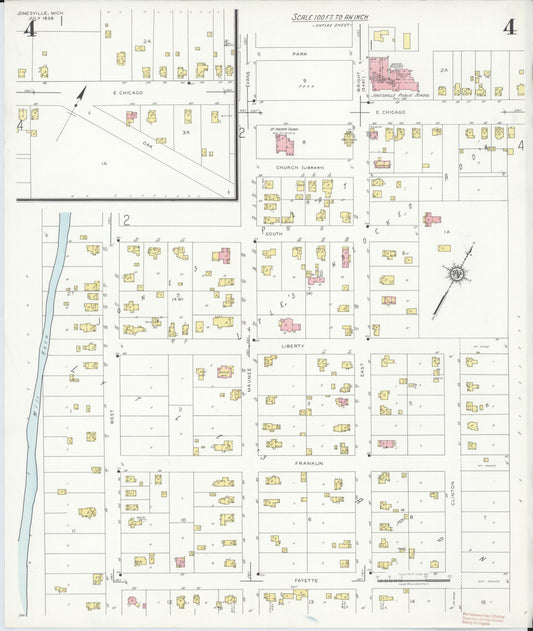 Sanborn Fire Insurance Map from Jonesville, Hillsdale County, Michigan (1938), Sheet #0004 - Historic Sanborn Fire Insurance Map Print, vintage old map wall art, antique decor, genealogy gift, Michigan Michigan map
