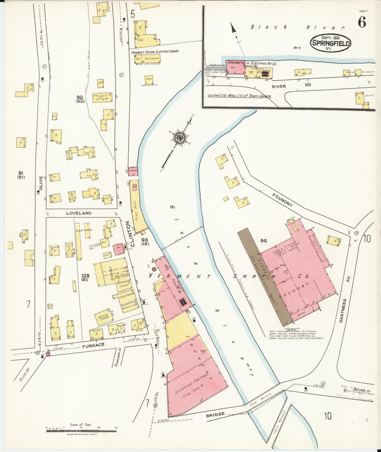 Sanborn Fire Insurance Map from Springfield, Windsor County, Vermont (1921), Sheet #0006 - Historic Sanborn Fire Insurance Map Print, vintage old map wall art, antique decor, genealogy gift, Vermont Vermont map