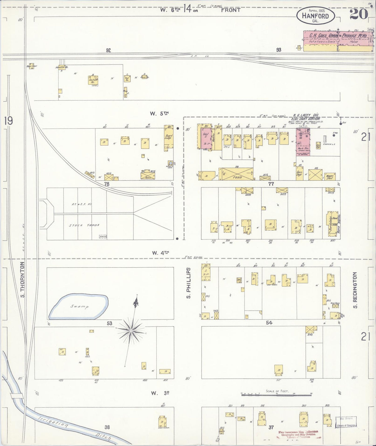 Sanborn Fire Insurance Map from Hanford, Kings County, California (1905), Sheet #0020 - Complete Map Set gallery image, historic Sanborn map, vintage wall art, California California