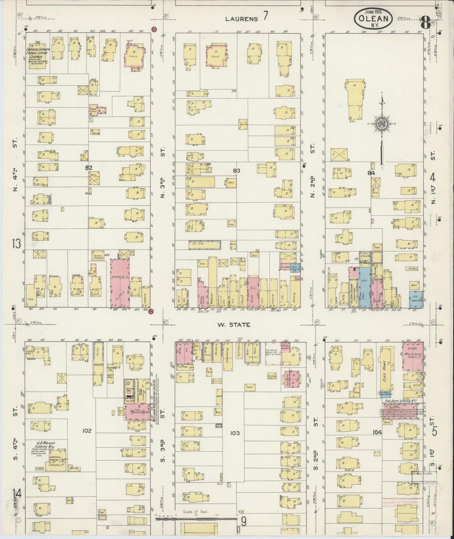 Sanborn Fire Insurance Map from Olean, Cattaraugus County, New York (1915), Sheet #0008 - Complete Map Set gallery image, historic Sanborn map, vintage wall art, New York New York