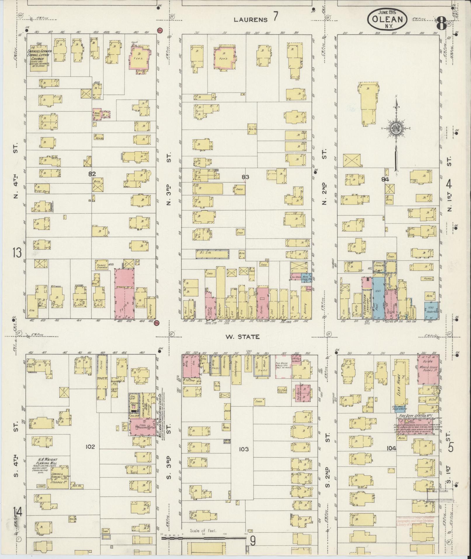 Sanborn Fire Insurance Map from Olean, Cattaraugus County, New York (1915), Sheet #0008 - Complete Map Set gallery image, historic Sanborn map, vintage wall art, New York New York