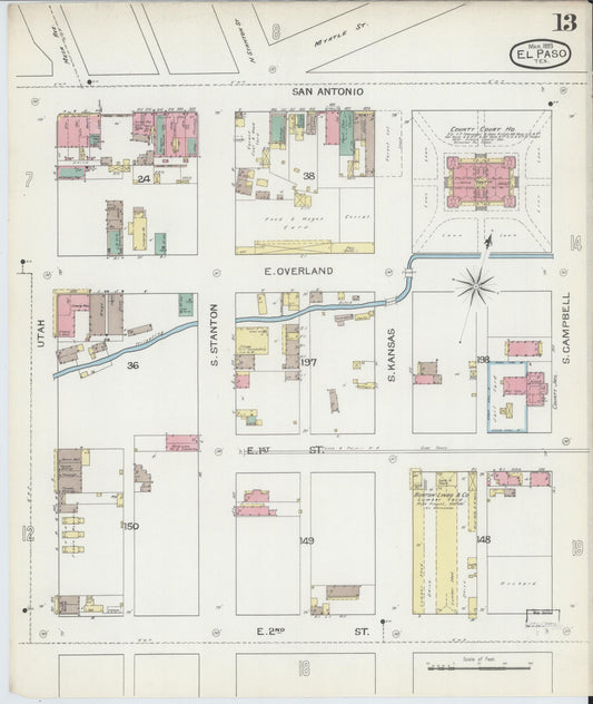 Sanborn Fire Insurance Map from El Paso, El Paso County, Texas (1893), Sheet #0013 - Historic Sanborn Fire Insurance Map Print, vintage old map wall art, antique decor, genealogy gift, Texas Texas map