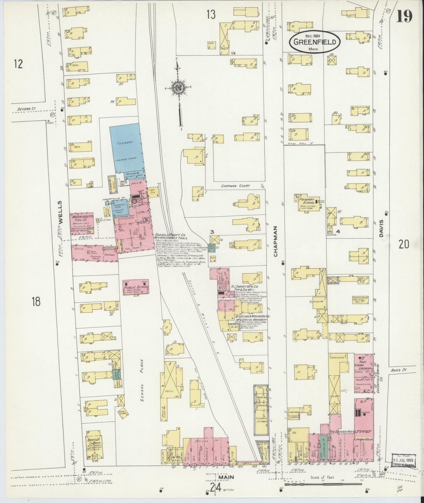 Sanborn Fire Insurance Map from Greenfield, Franklin County, Massachusetts (1909), Sheet #0019 - Historic Sanborn Fire Insurance Map Print, vintage old map wall art, antique decor, genealogy gift, Massachusetts Massachusetts map