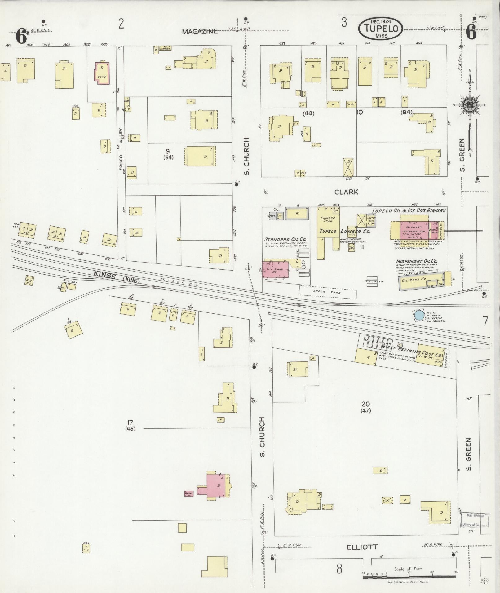 Sanborn Fire Insurance Map from Tupelo, Lee County, Mississippi (1924), Sheet #0006 - Historic Sanborn Fire Insurance Map Print, vintage old map wall art, antique decor, genealogy gift, Mississippi Mississippi map