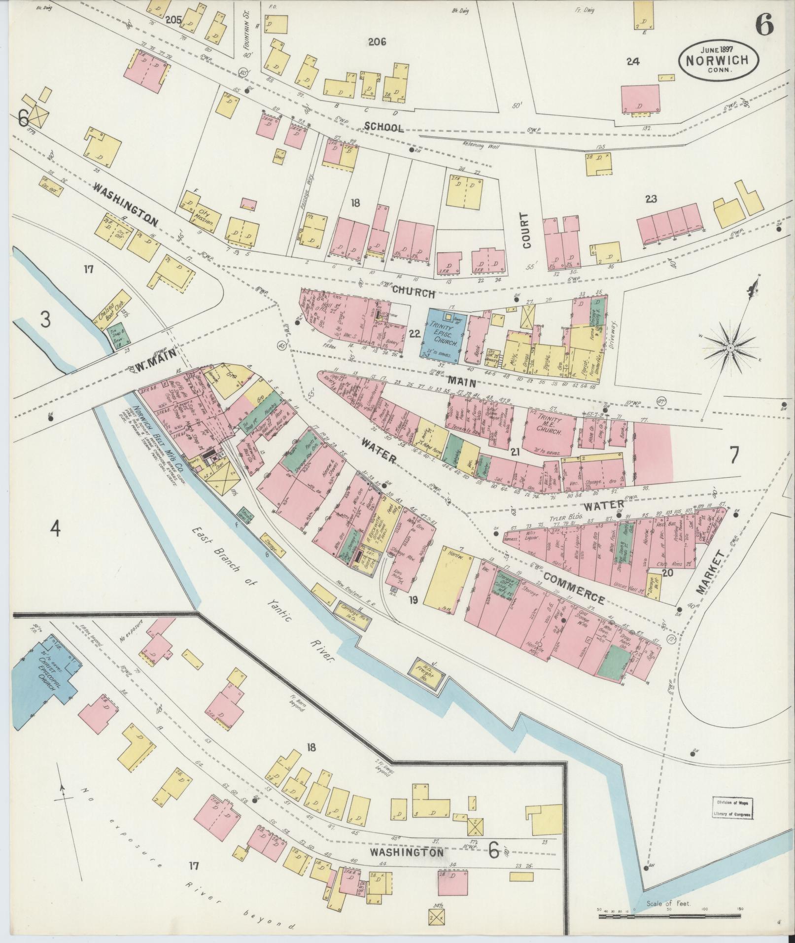 Sanborn Fire Insurance Map from Norwich, New London County, Connecticut (1897), Sheet #0006 - Historic Sanborn Fire Insurance Map Print, vintage old map wall art, antique decor, genealogy gift, Connecticut Connecticut map