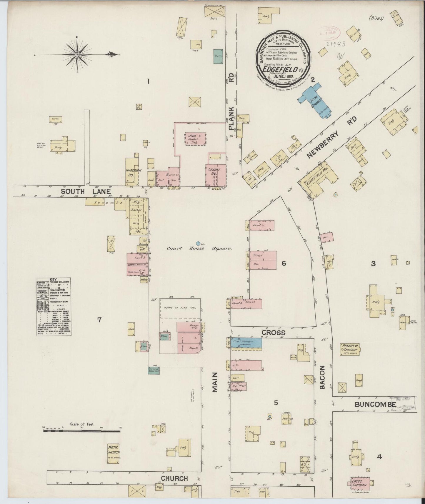 Sanborn Fire Insurance Map from Edgefield, Edgefield County, South Carolina (1889), Sheet #0001 - Historic Sanborn Fire Insurance Map Print, vintage old map wall art, antique decor, genealogy gift, South Carolina South Carolina map