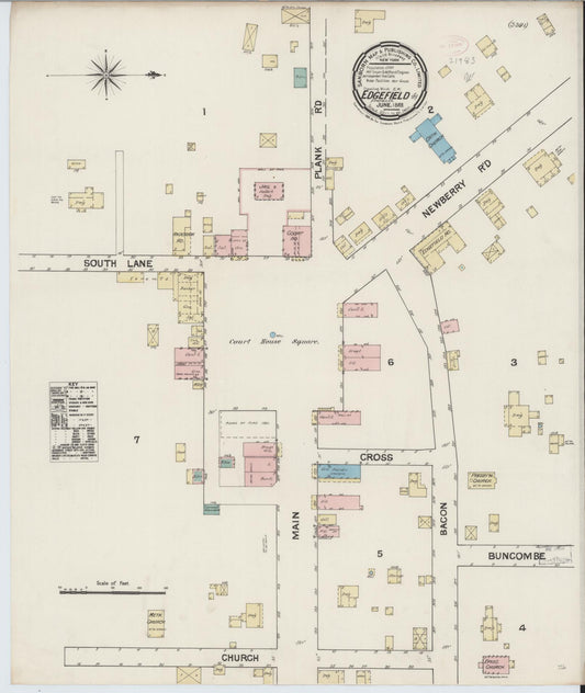 Sanborn Fire Insurance Map from Edgefield, Edgefield County, South Carolina (1889), Sheet #0001 - Historic Sanborn Fire Insurance Map Print, vintage old map wall art, antique decor, genealogy gift, South Carolina South Carolina map