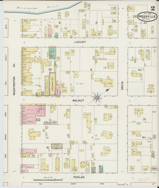 Sanborn Fire Insurance Map from Greenville, Washington County, Mississippi (1890), Sheet #0002 - Historic Sanborn Fire Insurance Map Print, vintage old map wall art, antique decor, genealogy gift, Mississippi Mississippi map