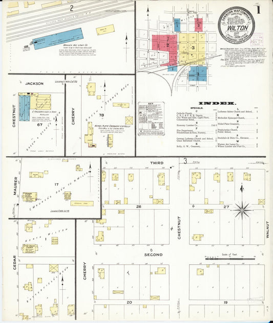 Sanborn Fire Insurance Map from Wilton Junction, Muscatine County, Iowa (1909), Sheet #0001 - Historic Sanborn Fire Insurance Map Print, vintage old map wall art