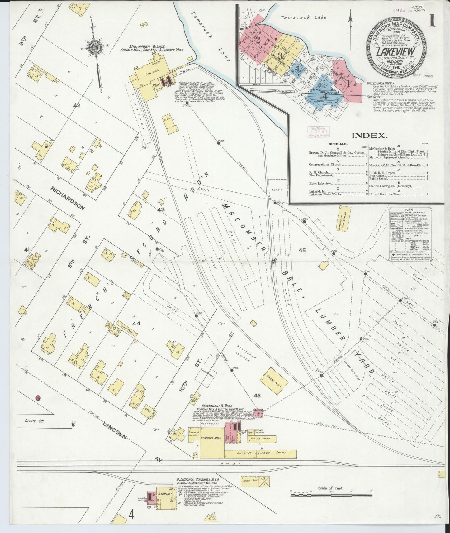 Sanborn Fire Insurance Map from Lakeview, Montcalm County, Michigan (1910), Sheet #0001 - Complete Map Set gallery image, historic Sanborn map, vintage wall art, Michigan Michigan