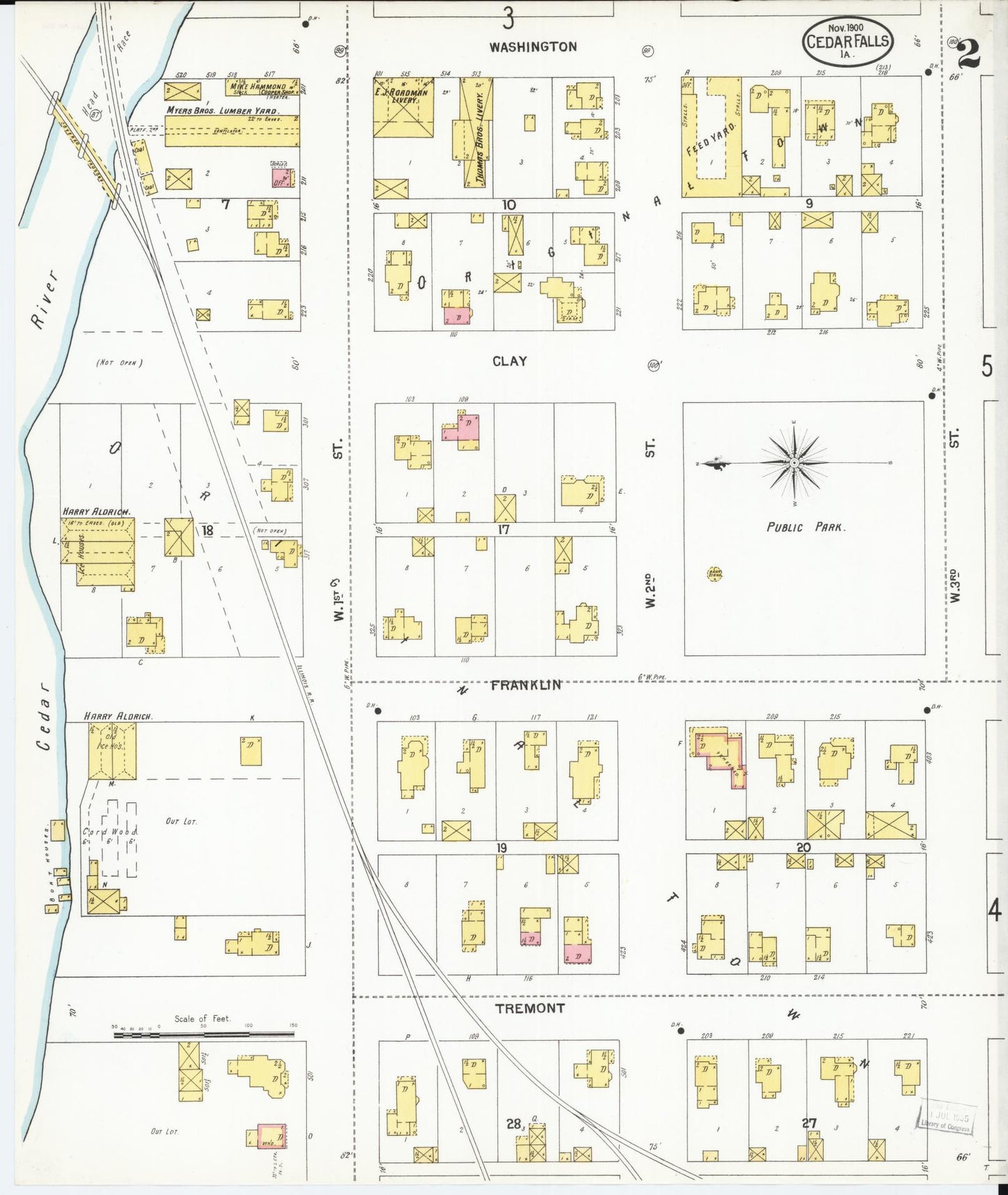 Sanborn Fire Insurance Map from Cedar Falls, Black Hawk County, Iowa (1900), Sheet #0002 - Historic Sanborn Fire Insurance Map Print, vintage old map wall art