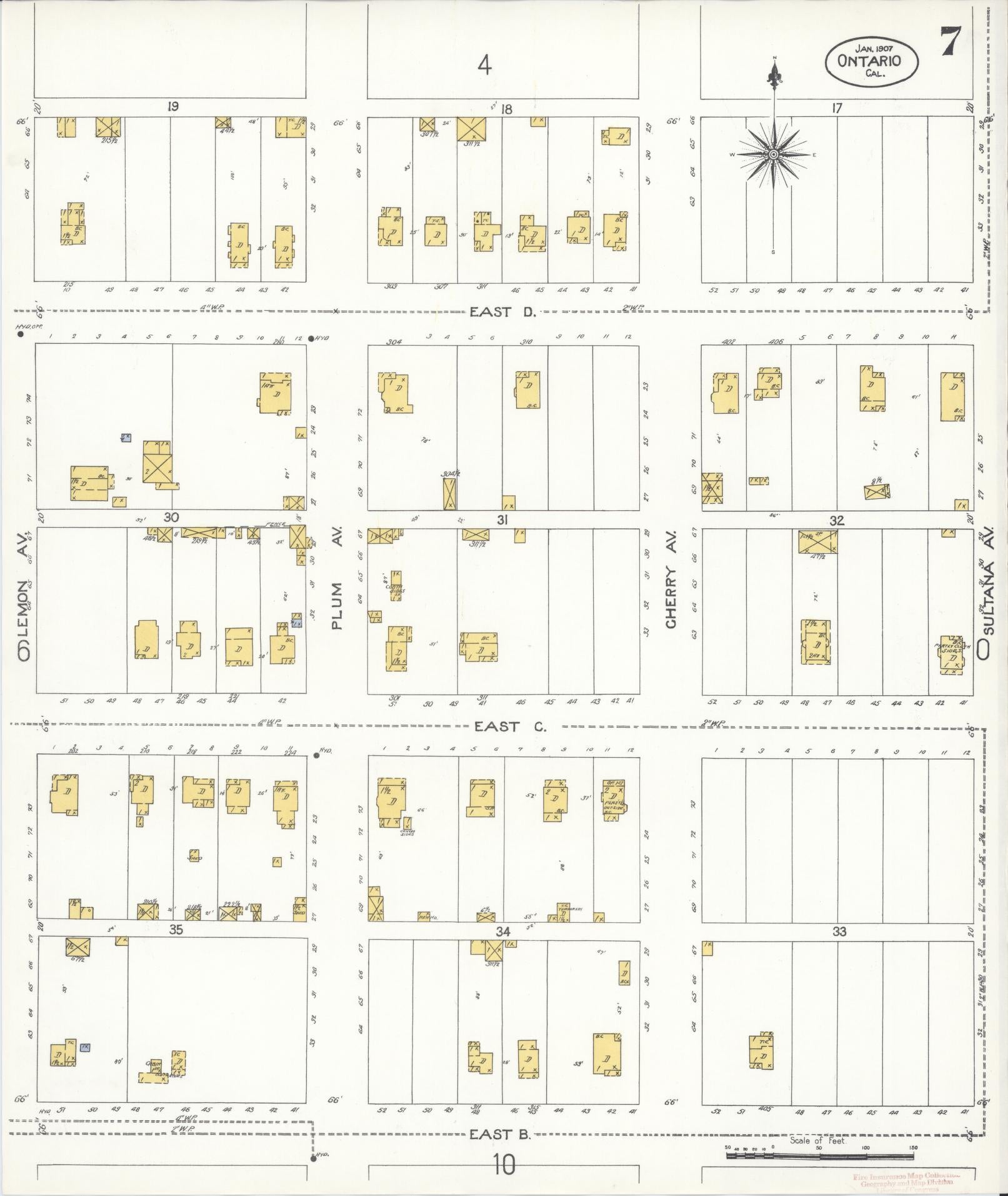 Sanborn Fire Insurance Map from Ontario, San Bernardino County, California (1907), Sheet #0007 - Historic Sanborn Fire Insurance Map Print, vintage old map wall art, antique decor, genealogy gift, California California map
