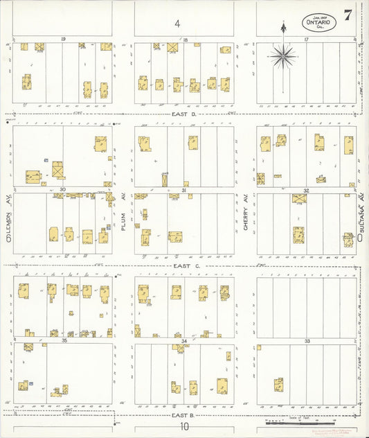 Sanborn Fire Insurance Map from Ontario, San Bernardino County, California (1907), Sheet #0007 - Historic Sanborn Fire Insurance Map Print, vintage old map wall art, antique decor, genealogy gift, California California map