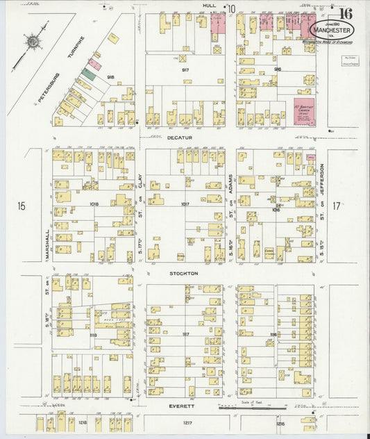 Sanborn Fire Insurance Map from Manchester, Chesterfield County, Virginia (1910), Sheet #0016 - Historic Sanborn Fire Insurance Map Print, vintage old map wall art, antique decor, genealogy gift, Virginia Virginia map