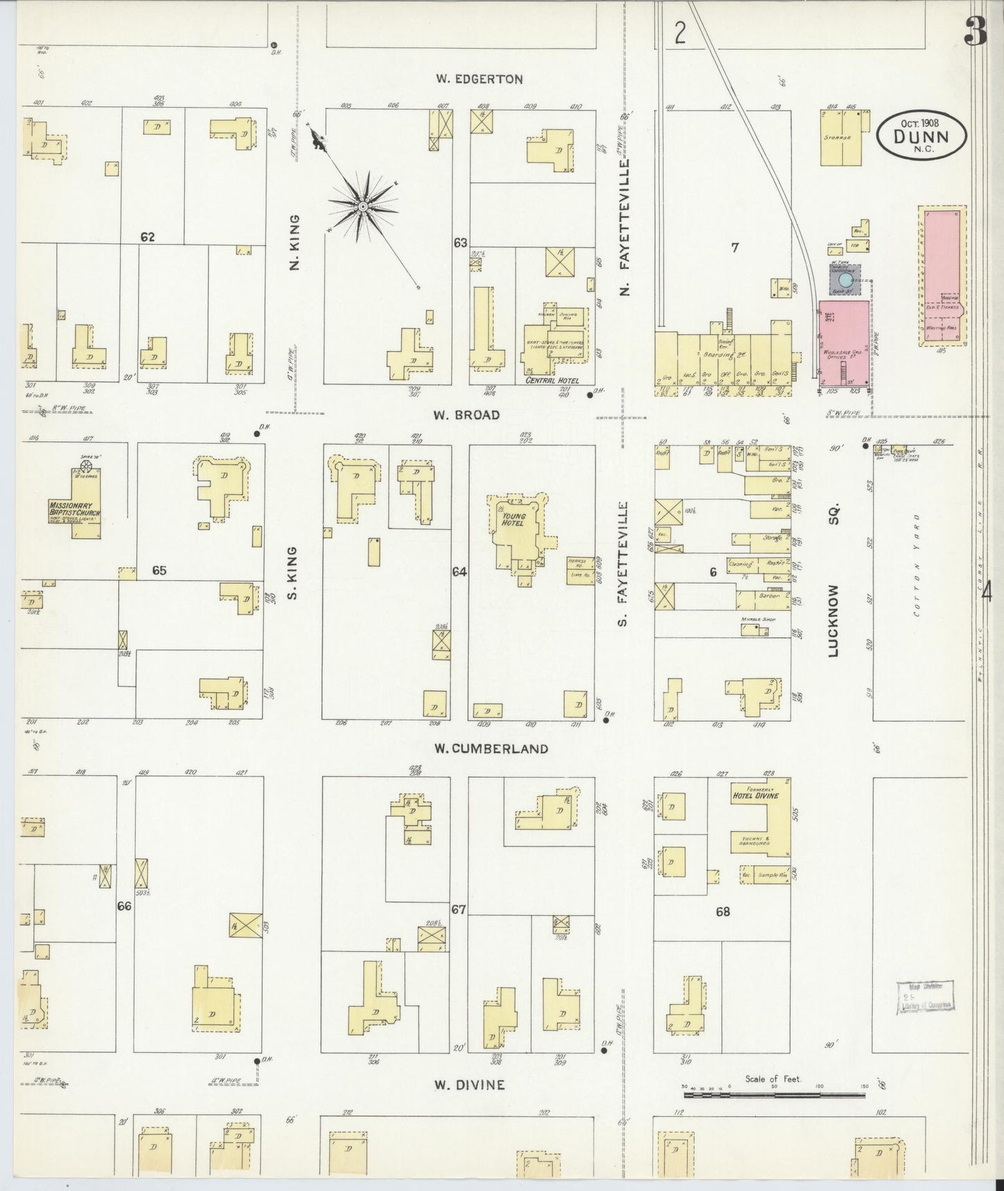 Sanborn Fire Insurance Map from Dunn, Harnett County, North Carolina (1908), Sheet #0003 - Historic Sanborn Fire Insurance Map Print, vintage old map wall art, antique decor, genealogy gift, North Carolina North Carolina map