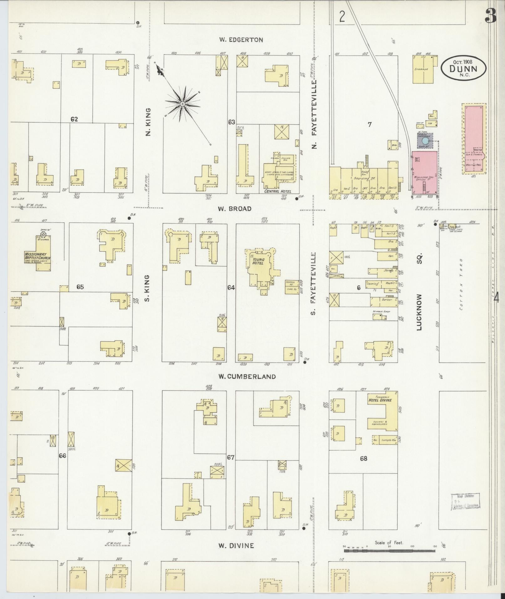 Sanborn Fire Insurance Map from Dunn, Harnett County, North Carolina (1908), Sheet #0003 - Historic Sanborn Fire Insurance Map Print, vintage old map wall art, antique decor, genealogy gift, North Carolina North Carolina map