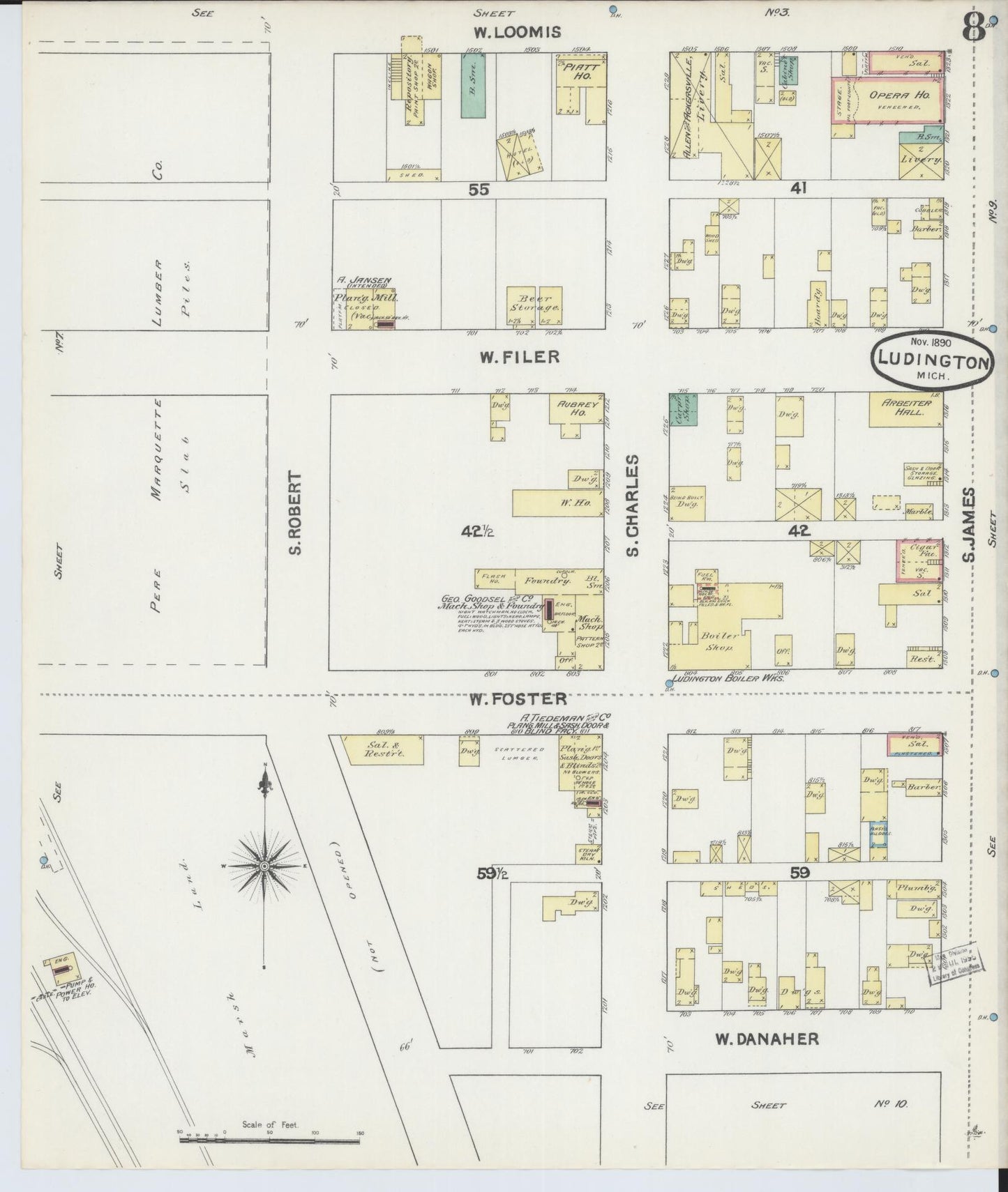 Sanborn Fire Insurance Map from Ludington, Mason County, Michigan (1890), Sheet #0008 - Complete Map Set gallery image, historic Sanborn map, vintage wall art, Michigan Michigan
