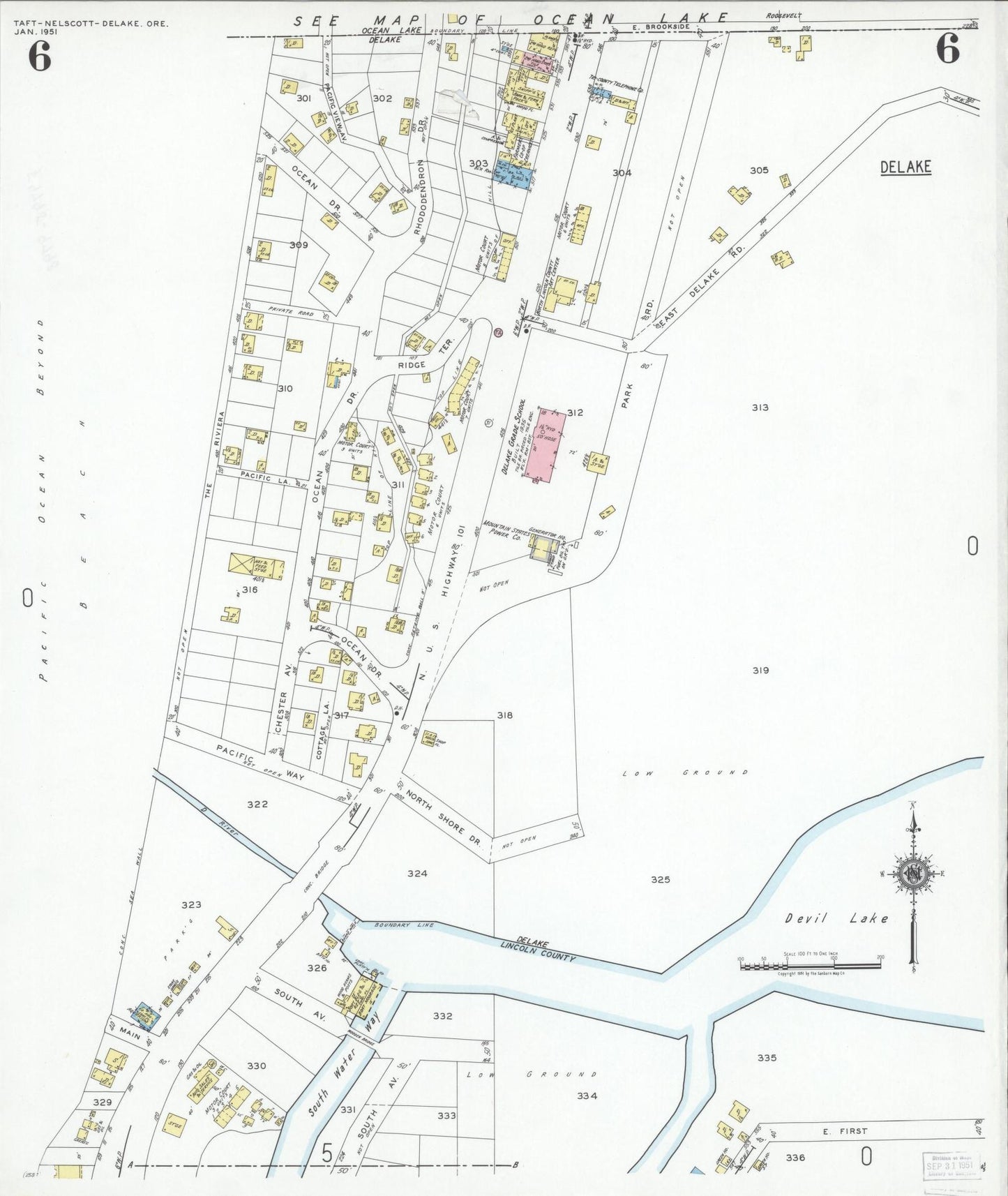 Sanborn Fire Insurance Map from Taft, Lincoln County, Oregon (1951), Sheet #0006 - Historic Sanborn Fire Insurance Map Print, vintage old map wall art, antique decor, genealogy gift, Oregon Oregon map