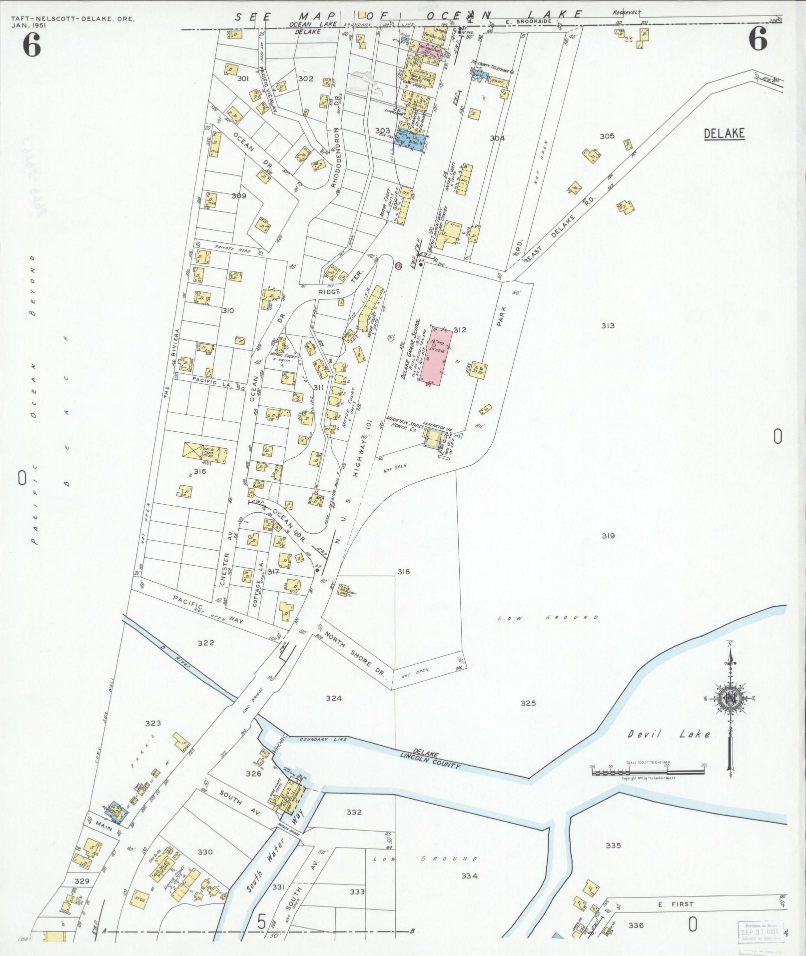 Sanborn Fire Insurance Map from Taft, Lincoln County, Oregon (1951), Sheet #0006 - Historic Sanborn Fire Insurance Map Print, vintage old map wall art, antique decor, genealogy gift, Oregon Oregon map