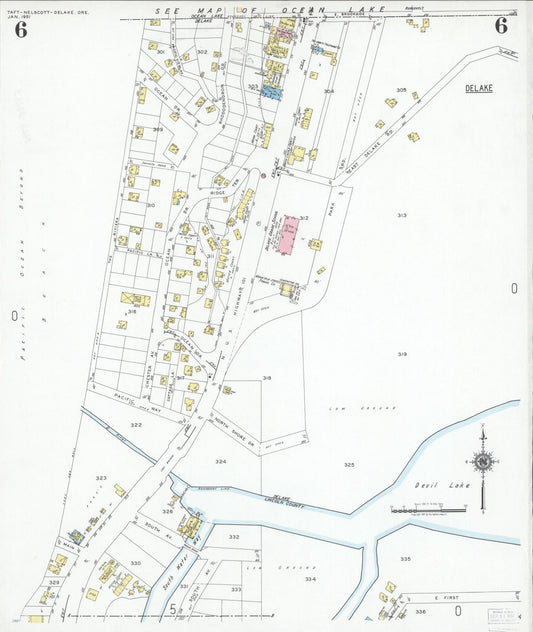 Sanborn Fire Insurance Map from Taft, Lincoln County, Oregon (1951), Sheet #0006 - Historic Sanborn Fire Insurance Map Print, vintage old map wall art, antique decor, genealogy gift, Oregon Oregon map