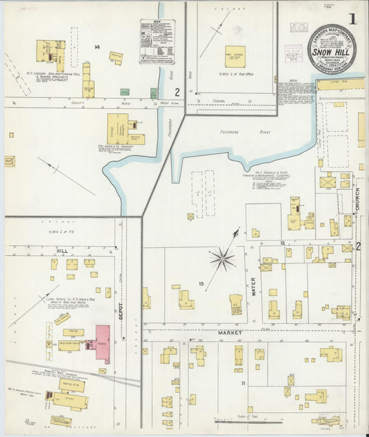 Sanborn Fire Insurance Map from Snow Hill, Worcester County, Maryland (1904), Sheet #0001 - Historic Sanborn Fire Insurance Map Print, vintage old map wall art